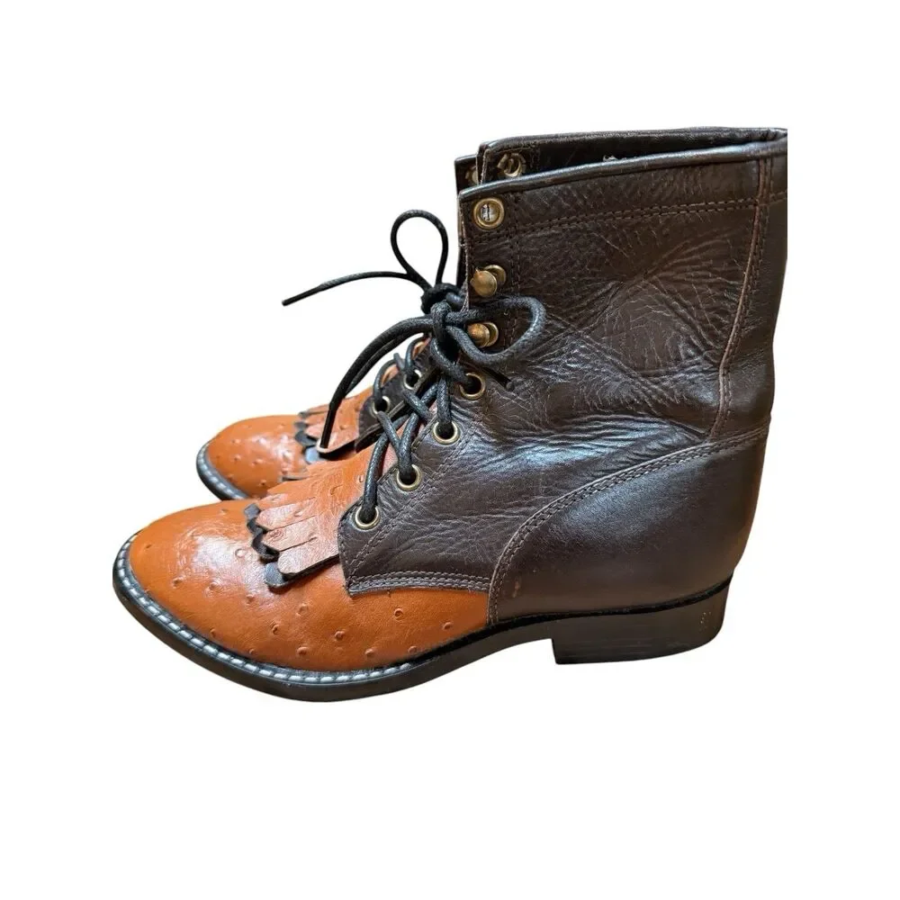 Dan Post Murphy Legend Ostrich Print Lace up Kids Boots Sz 3 Brown Leather Ankle